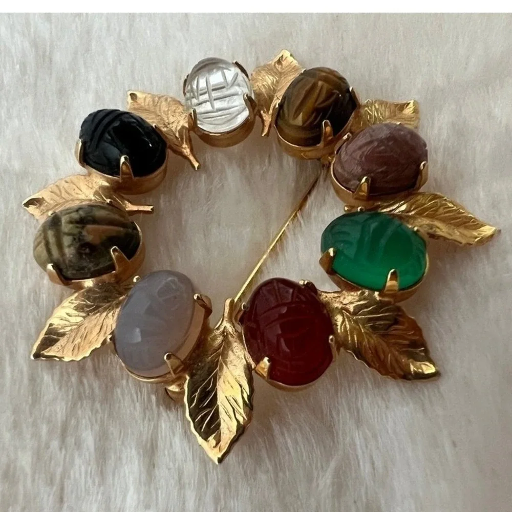 Vintage Scarab‎ Brooch Gold Multi Color Carved Glass Gemstones Egyptian Revival